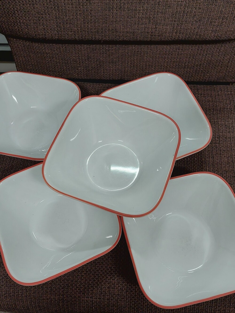 White Ceramic Square Bowls with Coral Rim - Set of 5